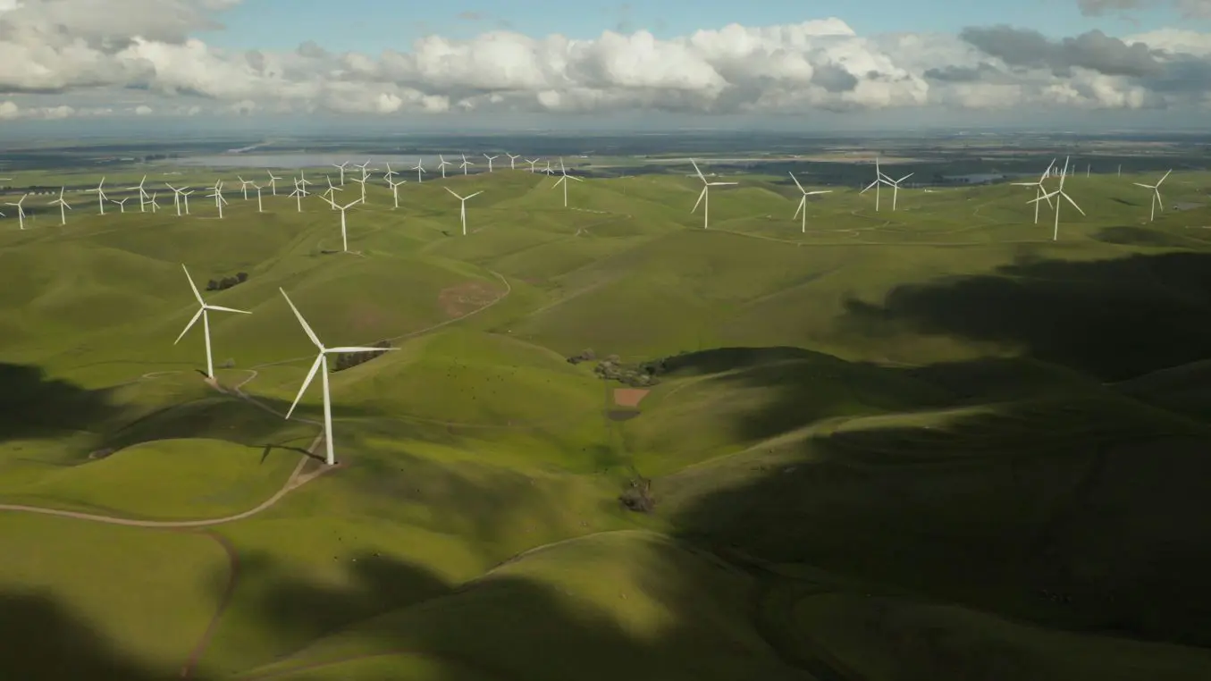 White wind turbines stand in rows across rolling green hills, casting long shadows as broad clouds drift overhead above a rural landscape stretching to a distant flat horizon.