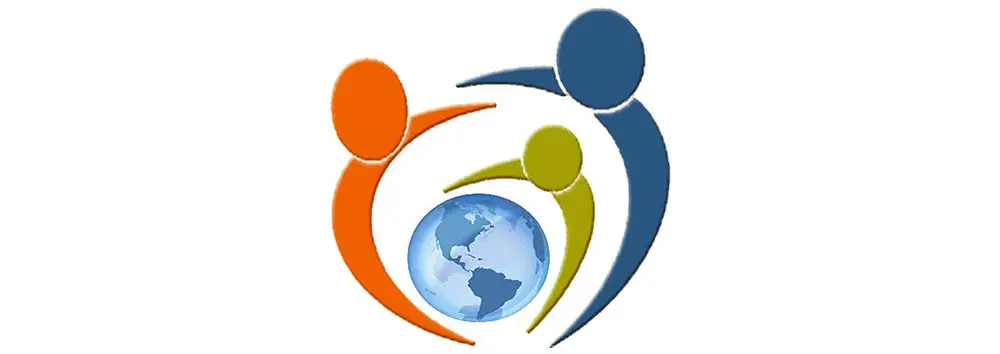 Three stylized human figures (orange, green, blue) reach toward and encircle a blue Earth globe, suggesting unity and protection, set against a plain white background.