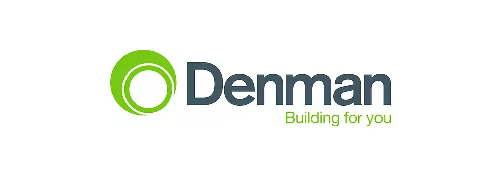 Green concentric-circle emblem sits left of the dark-gray word Denman, with green tagline 