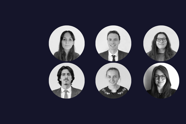 Six circular headshot portraits of young adults, facing the camera with neutral to slight smiles, arranged in two rows of three against a dark navy background.