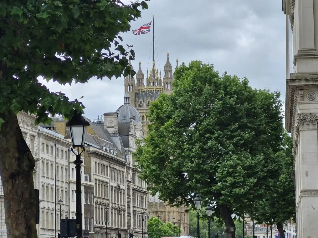 Union Jack flag flies atop a Gothic spired tower partly hidden behind leafy trees; historic buildings and black street lamps line the tree‑lined London street under a grey, overcast sky.