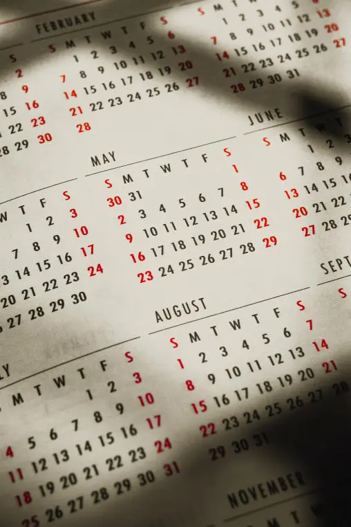 Wall calendar page shows months and numbered days; sunlight and a soft shadow cross the paper. Context: close-up of printed yearly calendar on textured paper.