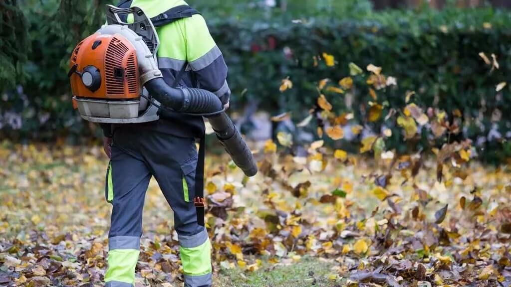 A person using a leaf blower on a pile of leaves