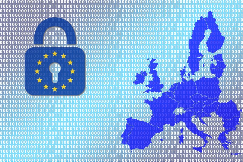 Image of a lock with the EU flag (12 yellow stars in a circle) alongside a map of europe