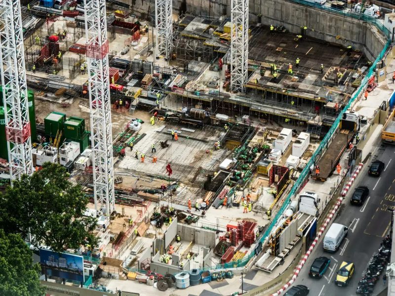 A birds-eye view of a large building site